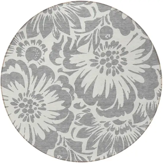 Gray and Ivory Round Floral Washable Non Skid Indoor Outdoor Area Rug Photo 4