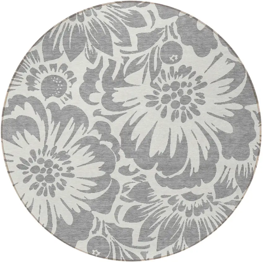 Gray and Ivory Round Floral Washable Non Skid Indoor Outdoor Area Rug Photo 4