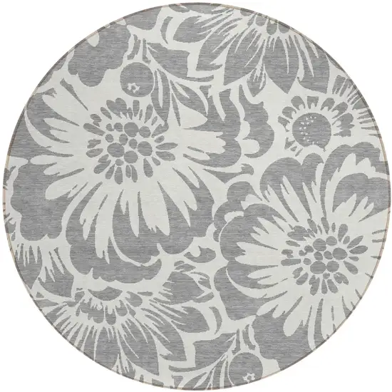 Gray and Ivory Round Floral Washable Non Skid Indoor Outdoor Area Rug Photo 2