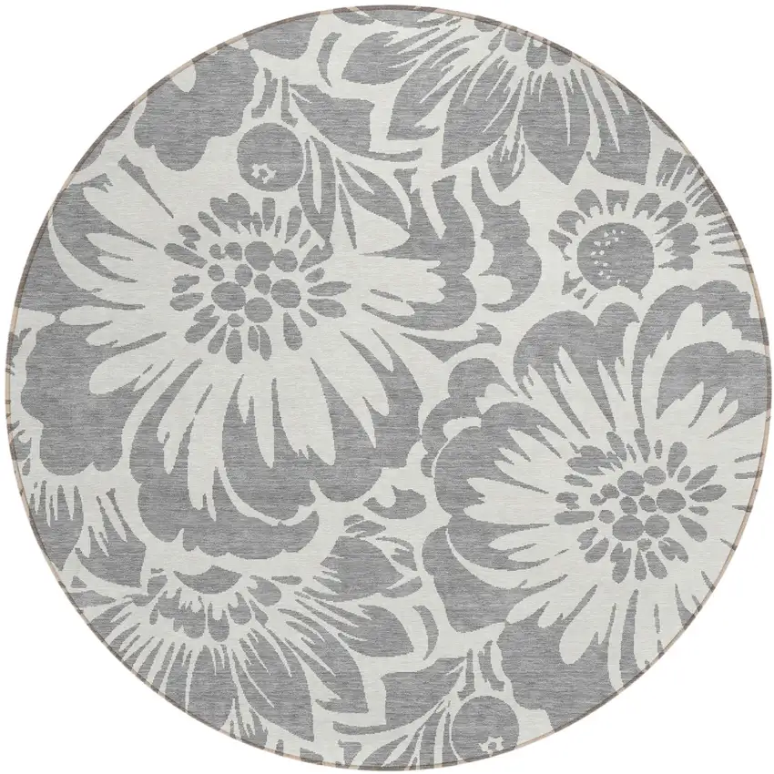 Gray and Ivory Round Floral Washable Non Skid Indoor Outdoor Area Rug Photo 2