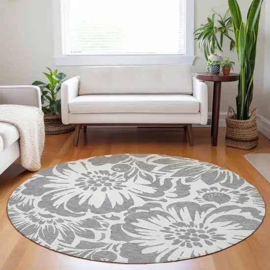 Gray and Ivory Round Floral Washable Non Skid Indoor Outdoor Area Rug Photo 9