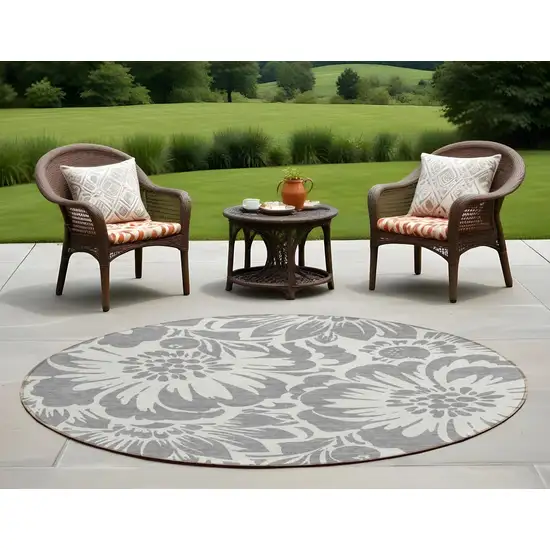 Gray and Ivory Round Floral Washable Non Skid Indoor Outdoor Area Rug Photo 1