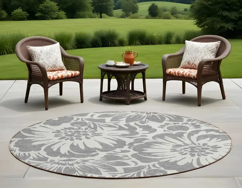 Gray and Ivory Round Floral Washable Non Skid Indoor Outdoor Area Rug Photo 1