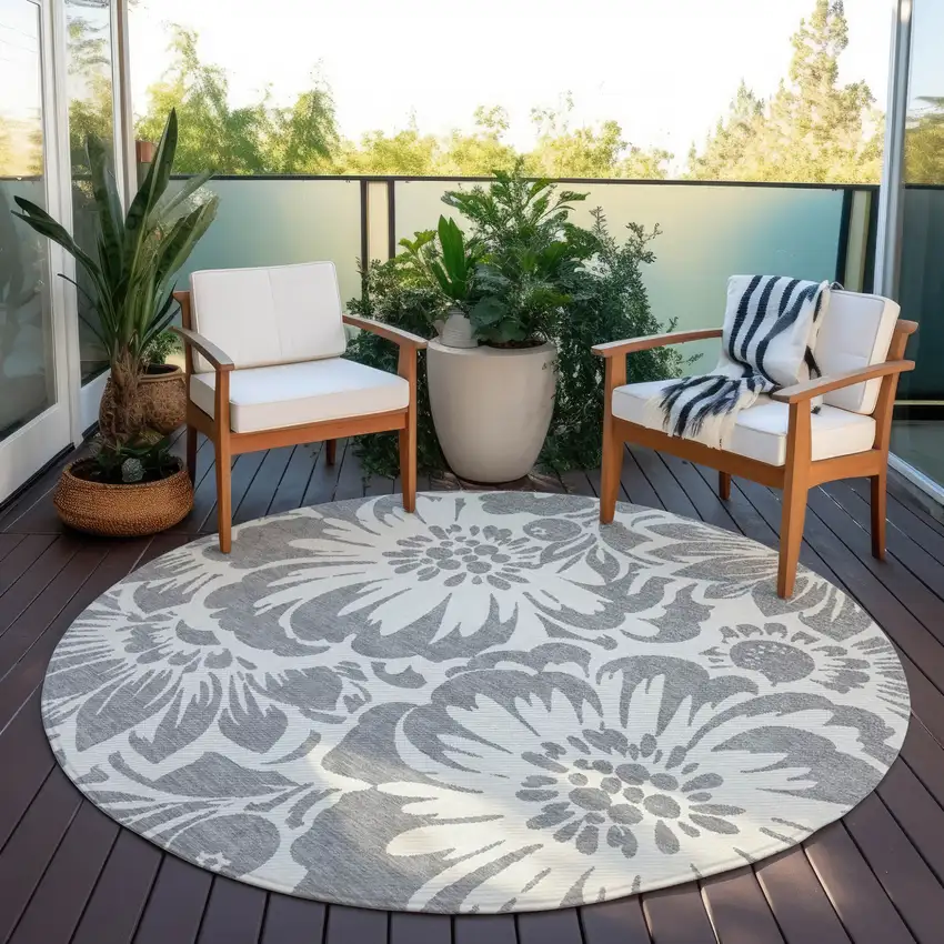 Gray and Ivory Round Floral Washable Non Skid Indoor Outdoor Area Rug Photo 8