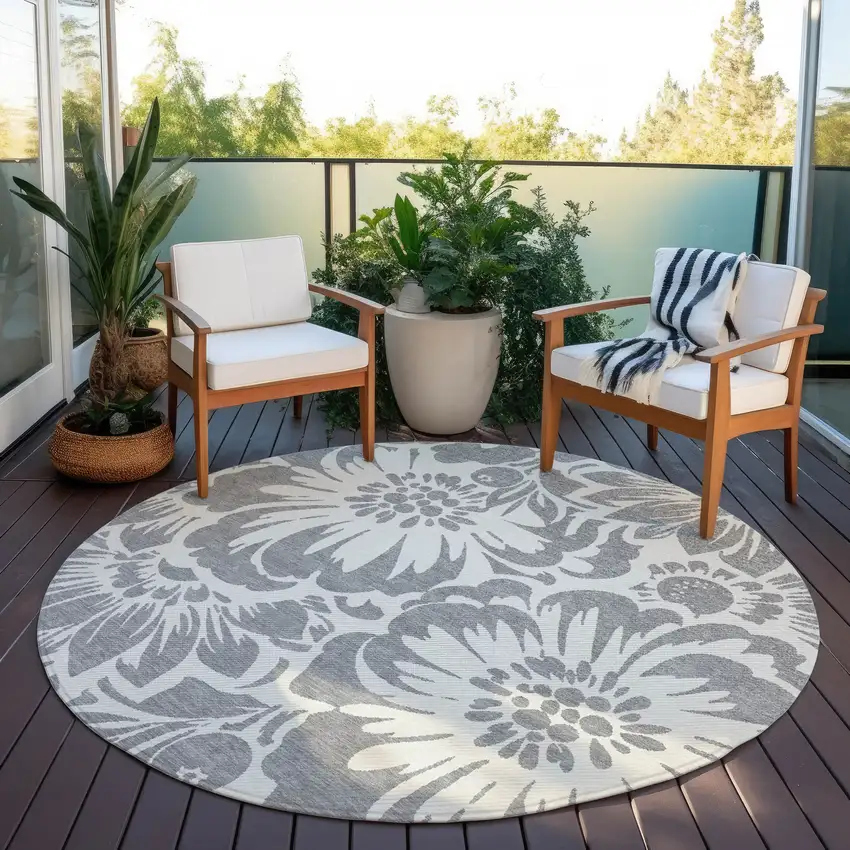 Gray and Ivory Round Floral Washable Non Skid Indoor Outdoor Area Rug Photo 8