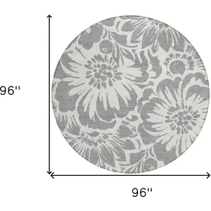 Photo of 8' Round Gray and Ivory Round Floral Washable Non Skid Indoor Outdoor Area Rug