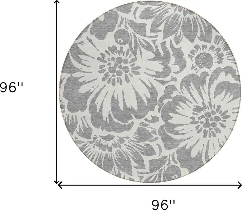 8' Round Gray and Ivory Round Floral Washable Non Skid Indoor Outdoor Area Rug Photo 3