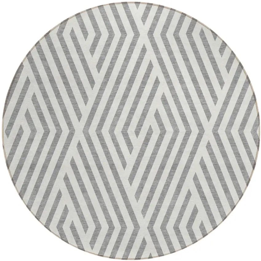 Gray and Ivory Round Geometric Washable Non Skid Indoor Outdoor Area Rug Photo 2