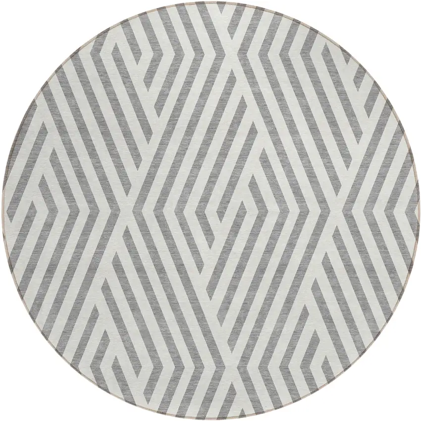 Gray and Ivory Round Geometric Washable Non Skid Indoor Outdoor Area Rug Photo 2