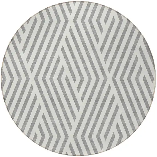 Gray and Ivory Round Geometric Washable Non Skid Indoor Outdoor Area Rug Photo 5