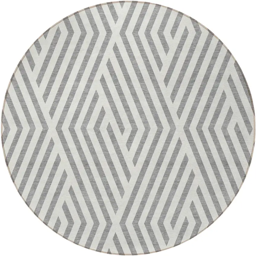 Gray and Ivory Round Geometric Washable Non Skid Indoor Outdoor Area Rug Photo 5