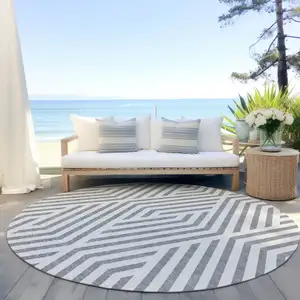 Photo of 8' Round Gray and Ivory Round Geometric Washable Non Skid Indoor Outdoor Area Rug