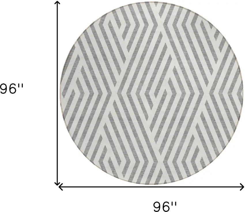 Gray and Ivory Round Geometric Washable Non Skid Indoor Outdoor Area Rug Photo 3