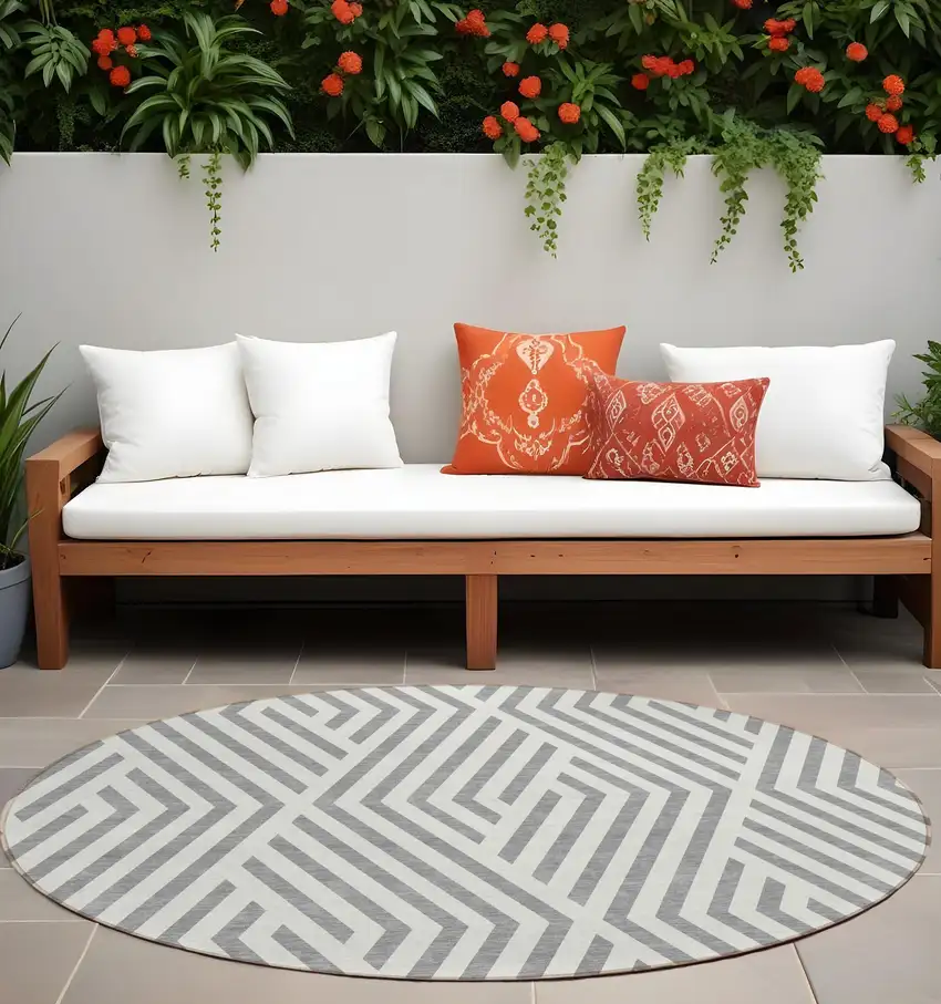 Gray and Ivory Round Geometric Washable Non Skid Indoor Outdoor Area Rug Photo 1