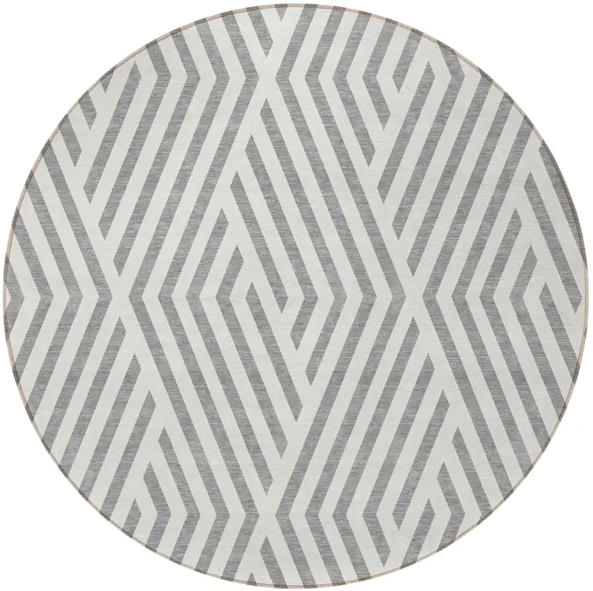 Gray and Ivory Round Geometric Washable Non Skid Indoor Outdoor Area Rug Photo 4