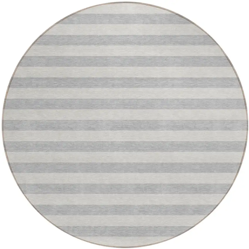 Gray and Ivory Round Striped Washable Non Skid Indoor Outdoor Area Rug Photo 2