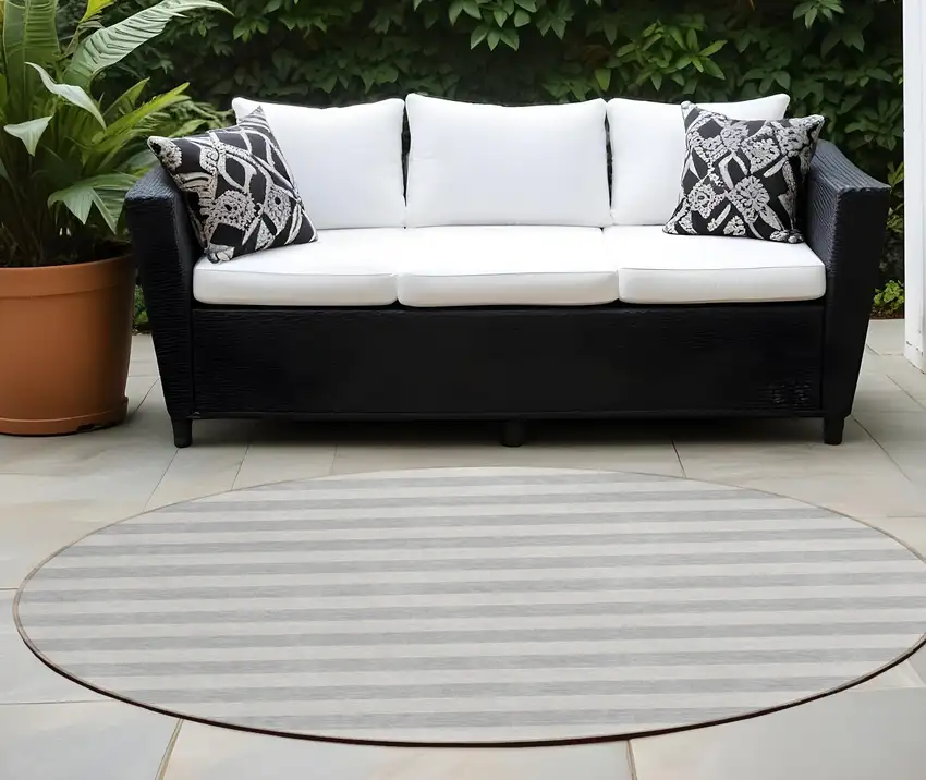 Gray and Ivory Round Striped Washable Non Skid Indoor Outdoor Area Rug Photo 1
