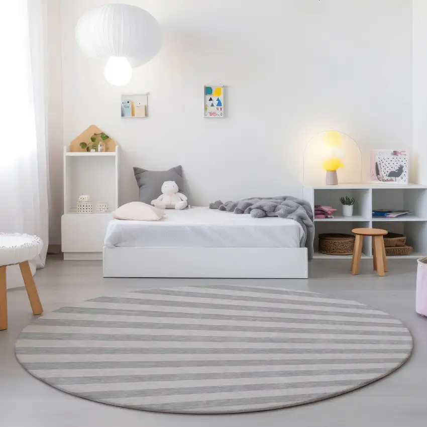 Gray and Ivory Round Striped Washable Non Skid Indoor Outdoor Area Rug Photo 9