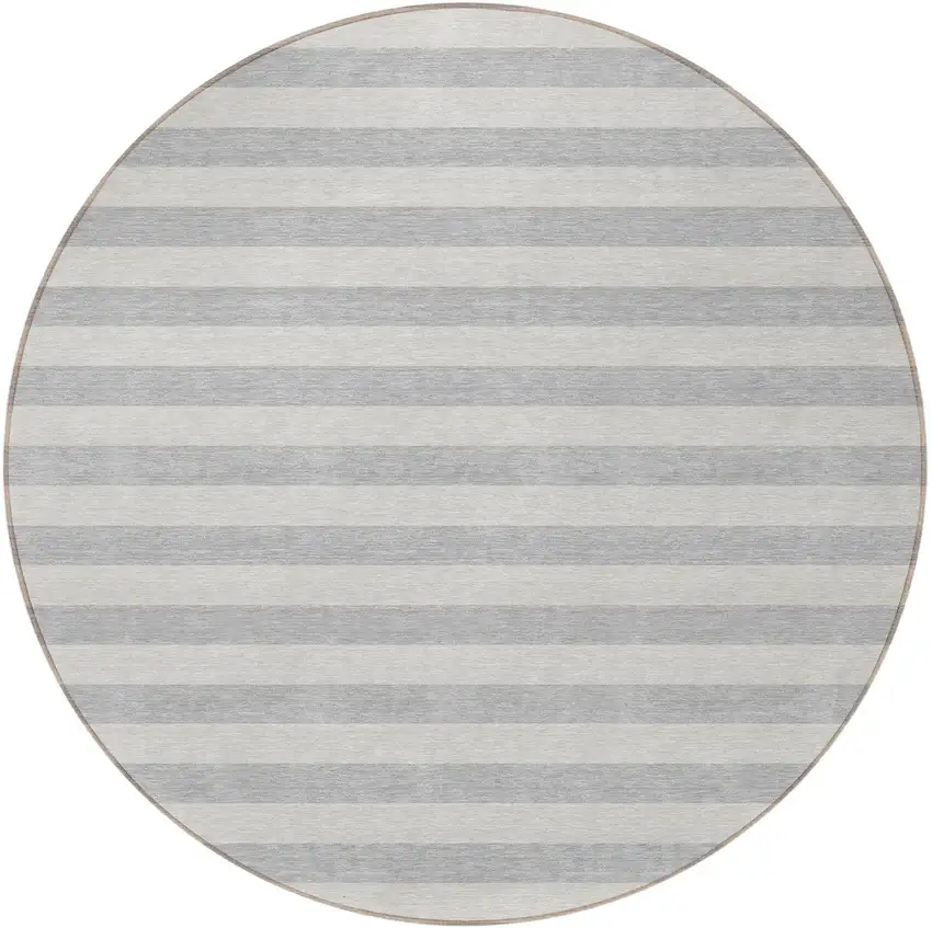 8' Round Gray and Ivory Round Striped Washable Non Skid Indoor Outdoor Area Rug Photo 4