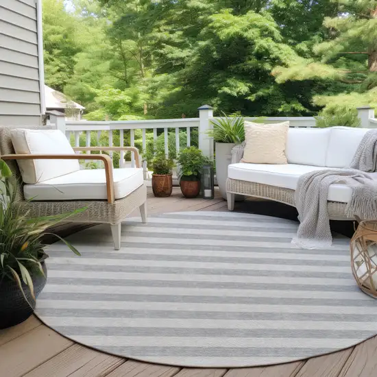 Gray and Ivory Round Striped Washable Non Skid Indoor Outdoor Area Rug Photo 8
