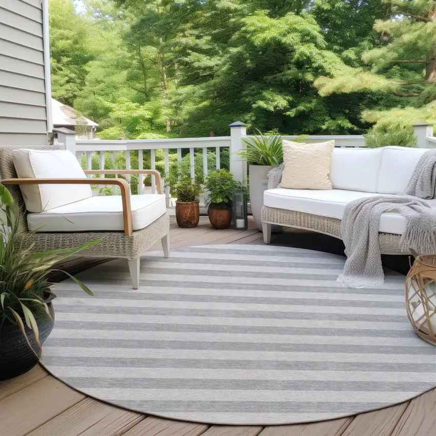 Gray and Ivory Round Striped Washable Non Skid Indoor Outdoor Area Rug Photo 8