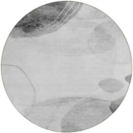 Gray and Light Gray Round Abstract Washable Non Skid Indoor Outdoor Area Rug Photo 2