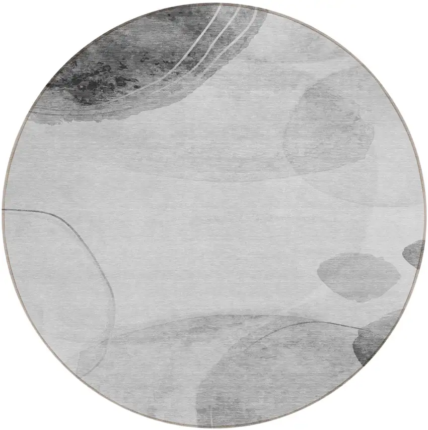 Gray and Light Gray Round Abstract Washable Non Skid Indoor Outdoor Area Rug Photo 2