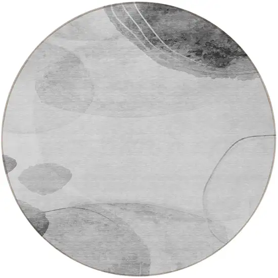 Gray and Light Gray Round Abstract Washable Non Skid Indoor Outdoor Area Rug Photo 5
