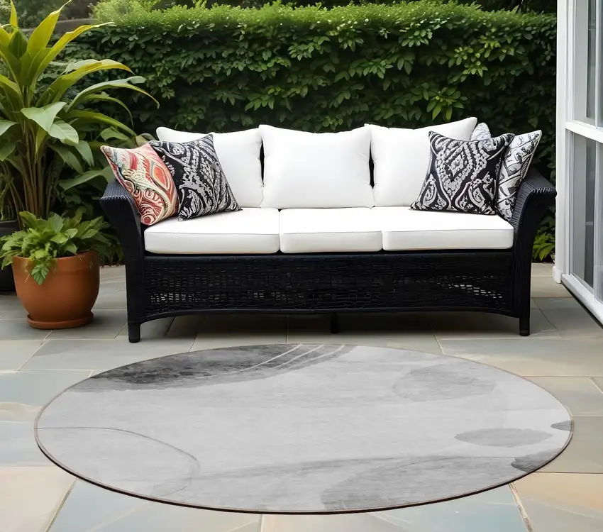 Gray and Light Gray Round Abstract Washable Non Skid Indoor Outdoor Area Rug Photo 1