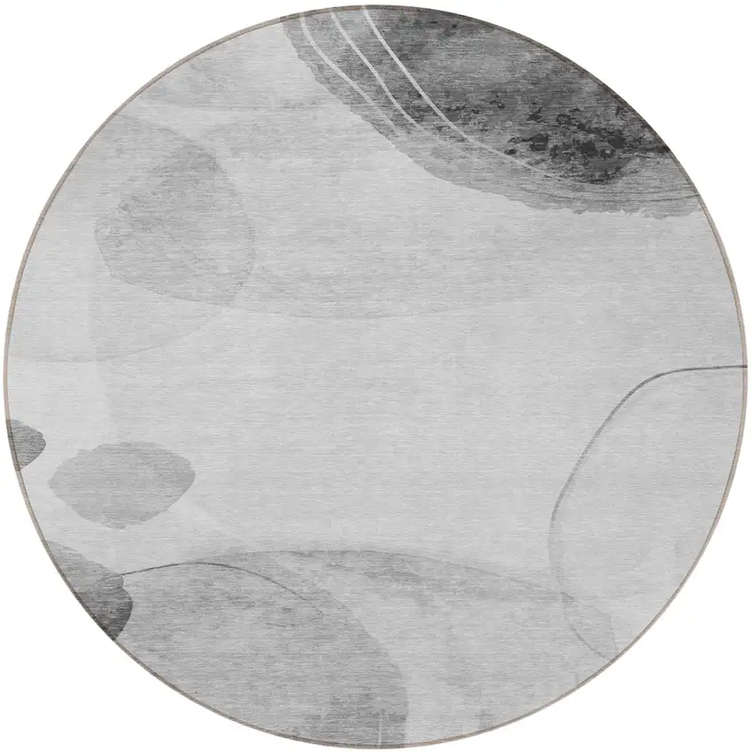 Gray and Light Gray Round Abstract Washable Non Skid Indoor Outdoor Area Rug Photo 4