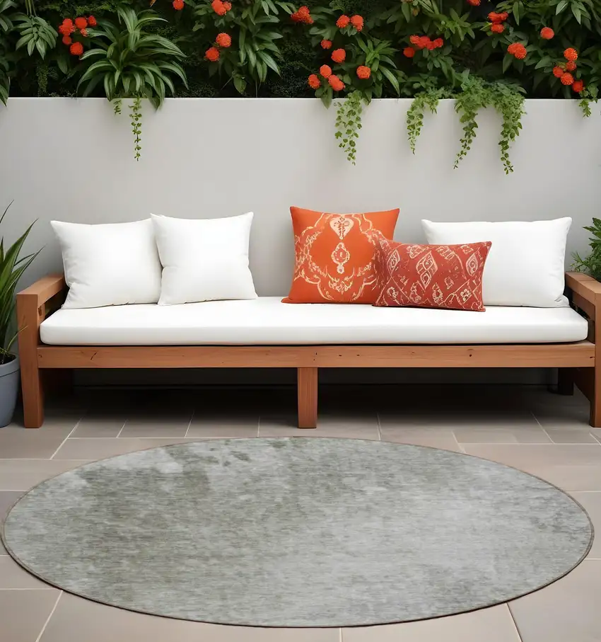 Gray and Off White Round Abstract Washable Non Skid Indoor Outdoor Area Rug Photo 1