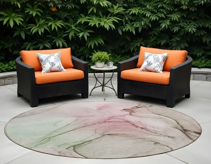 8' Round Gray and Pink Round Abstract Washable Non Skid Indoor Outdoor Area Rug Photo 1