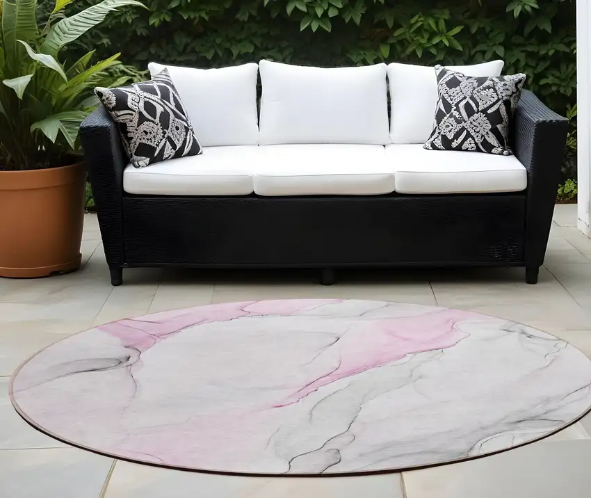 Gray and Pink Round Abstract Washable Non Skid Indoor Outdoor Area Rug Photo 1