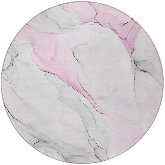 8' Round Gray and Pink Round Abstract Washable Non Skid Indoor Outdoor Area Rug Photo 4