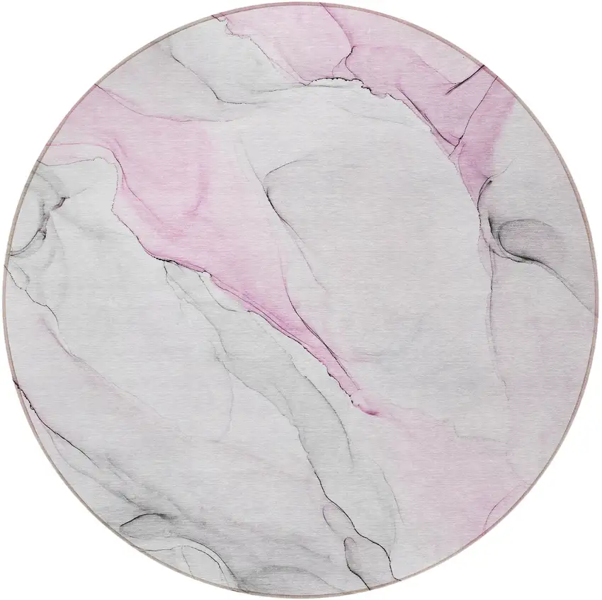 8' Round Gray and Pink Round Abstract Washable Non Skid Indoor Outdoor Area Rug Photo 4