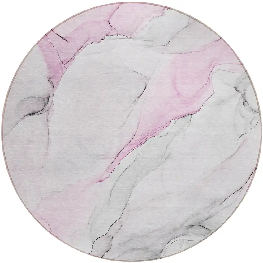 8' Round Gray and Pink Round Abstract Washable Non Skid Indoor Outdoor Area Rug Photo 2