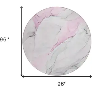 Photo of 8' Round Gray and Pink Round Abstract Washable Non Skid Indoor Outdoor Area Rug