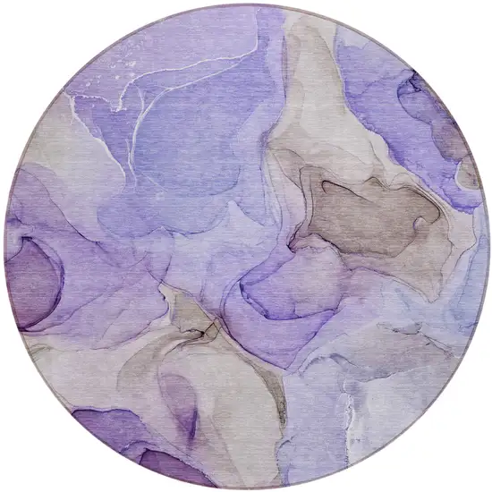 8' Round Gray and Purple Round Abstract Washable Non Skid Indoor Outdoor Area Rug Photo 2