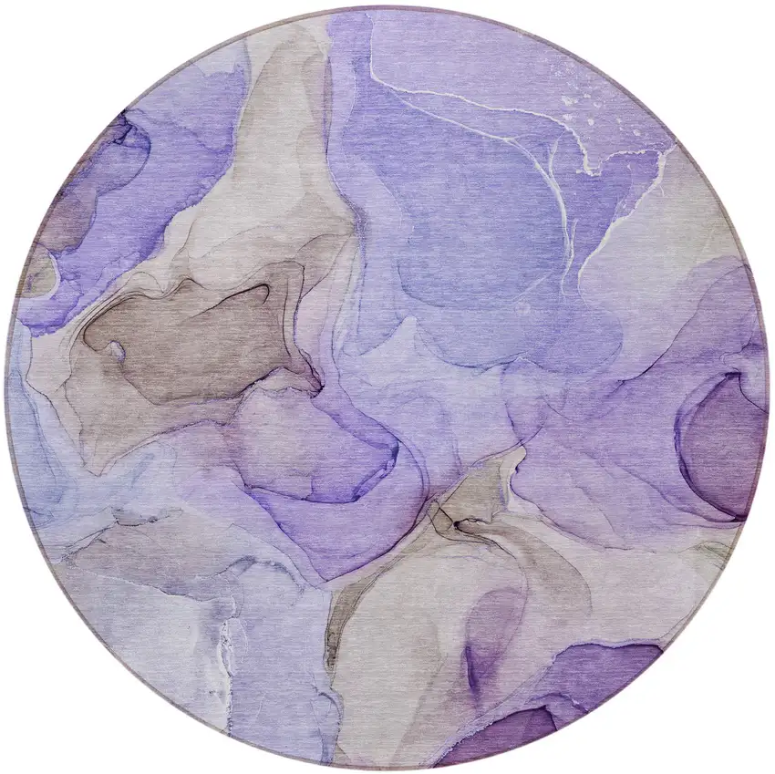 8' Round Gray and Purple Round Abstract Washable Non Skid Indoor Outdoor Area Rug Photo 4