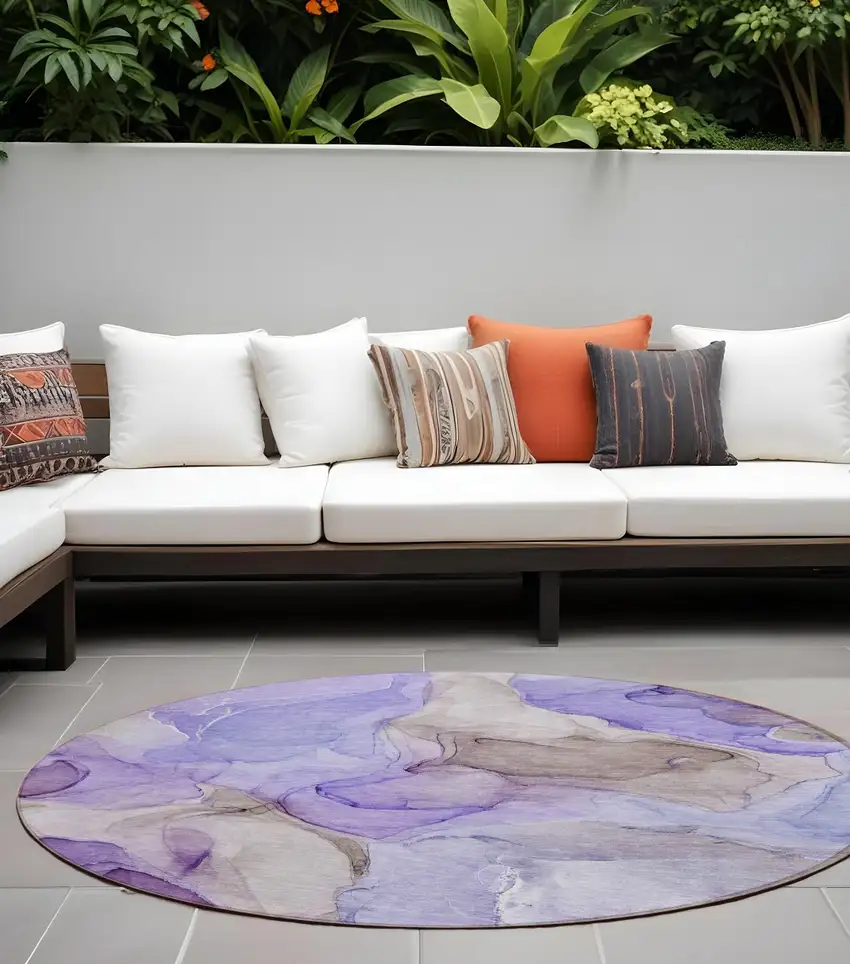 8' Round Gray and Purple Round Abstract Washable Non Skid Indoor Outdoor Area Rug Photo 1