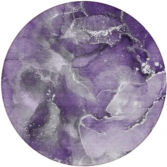 8' Round Gray and Purple Round Abstract Washable Non Skid Indoor Outdoor Area Rug Photo 2