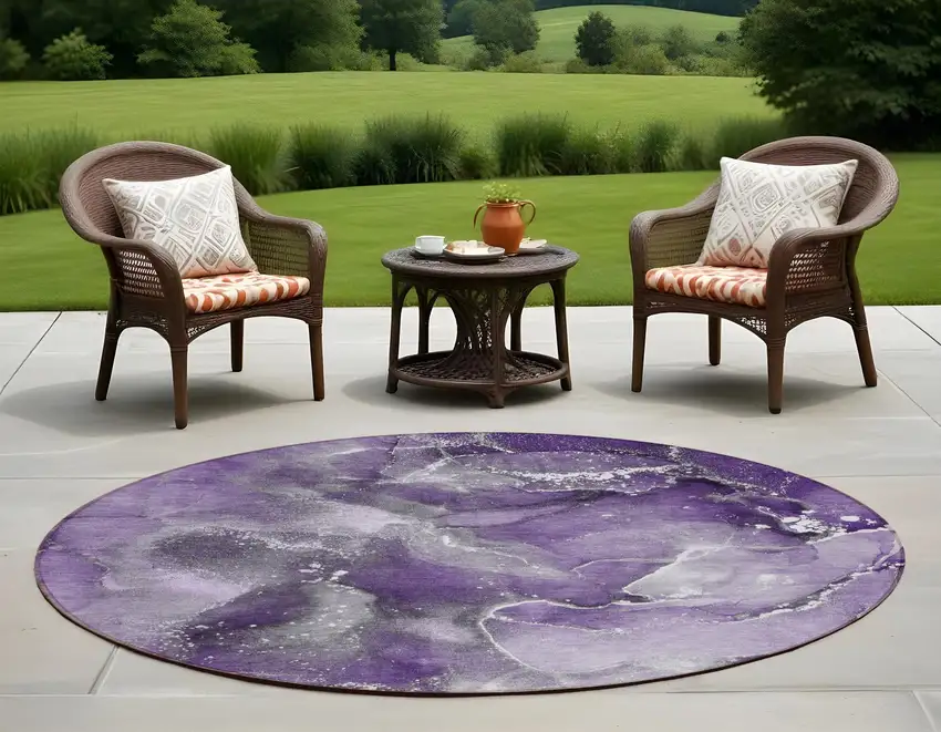 Gray and Purple Round Abstract Washable Non Skid Indoor Outdoor Area Rug Photo 1