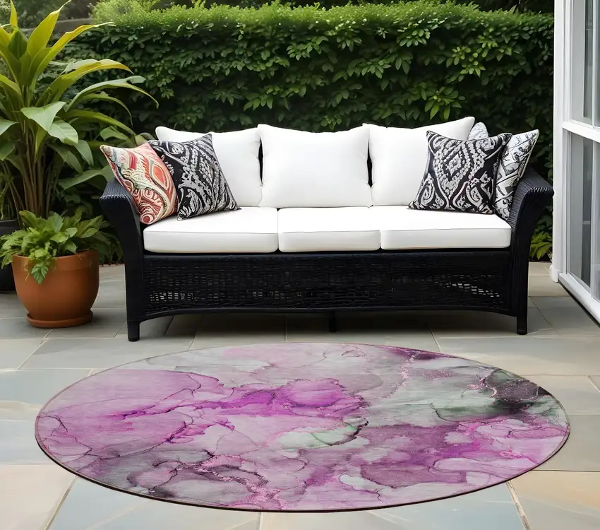 Gray and Purple Round Abstract Washable Non Skid Indoor Outdoor Area Rug Photo 1