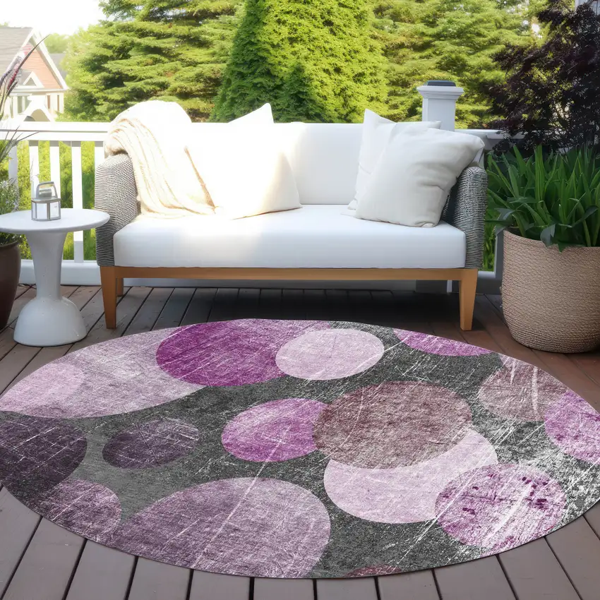 Gray and Purple Round Abstract Washable Non Skid Indoor Outdoor Area Rug Photo 6