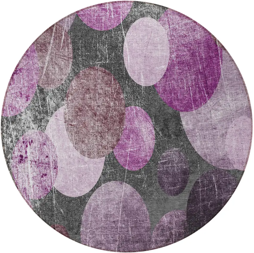 8' Round Gray and Purple Round Abstract Washable Non Skid Indoor Outdoor Area Rug Photo 2