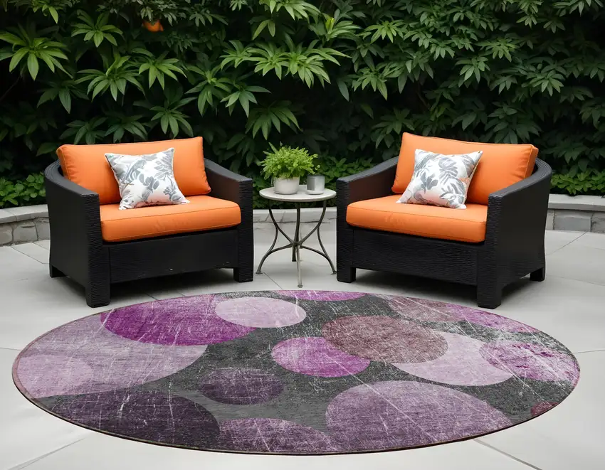 Gray and Purple Round Abstract Washable Non Skid Indoor Outdoor Area Rug Photo 1