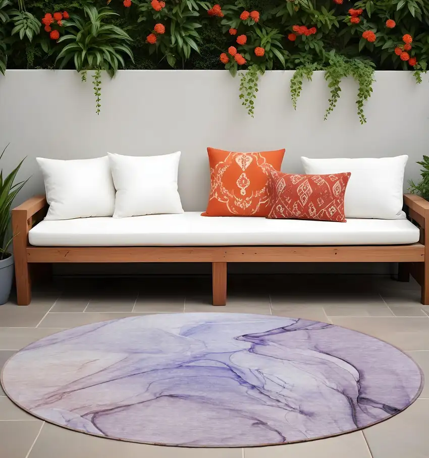 Gray and Purple Round Abstract Washable Non Skid Indoor Outdoor Area Rug Photo 1