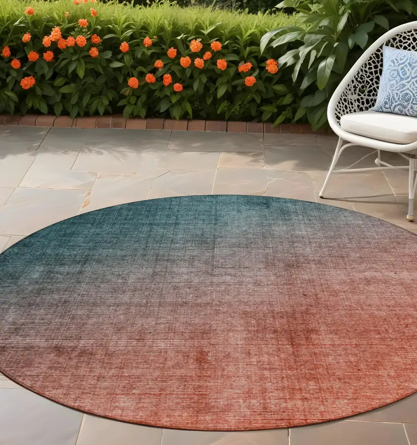 Gray and Red Orange Round Ombre Washable Non Skid Indoor Outdoor Area Rug Photo 1