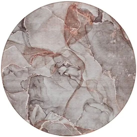 8' Round Gray and Red Round Abstract Washable Non Skid Indoor Outdoor Area Rug Photo 5
