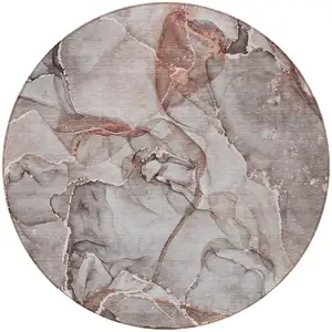 Photo of 8' Round Gray and Red Round Abstract Washable Non Skid Indoor Outdoor Area Rug